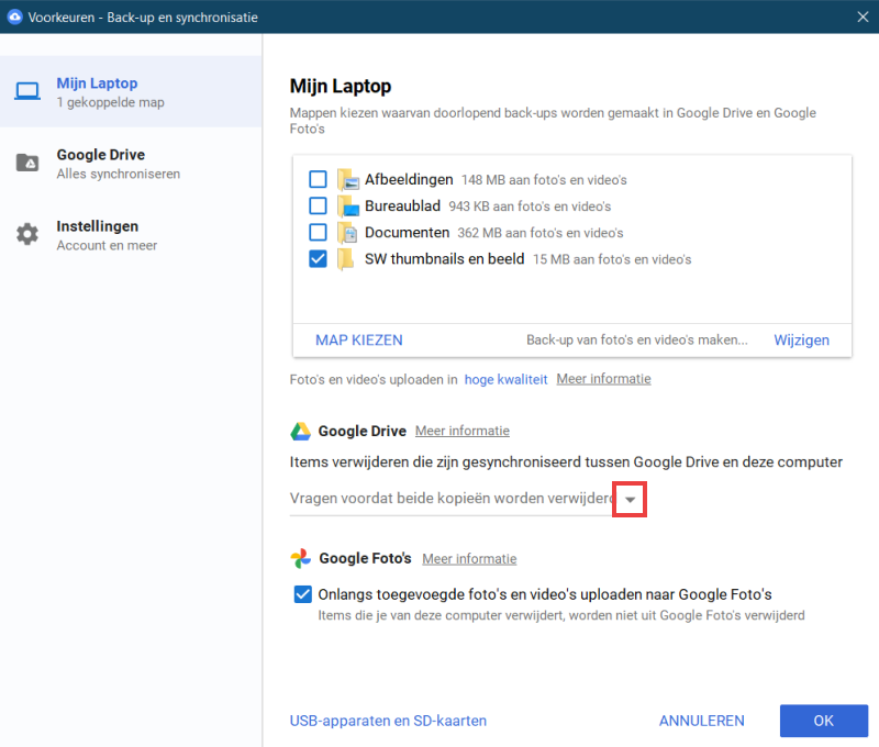 Synchronisatie bij het verwijderen uitzetten